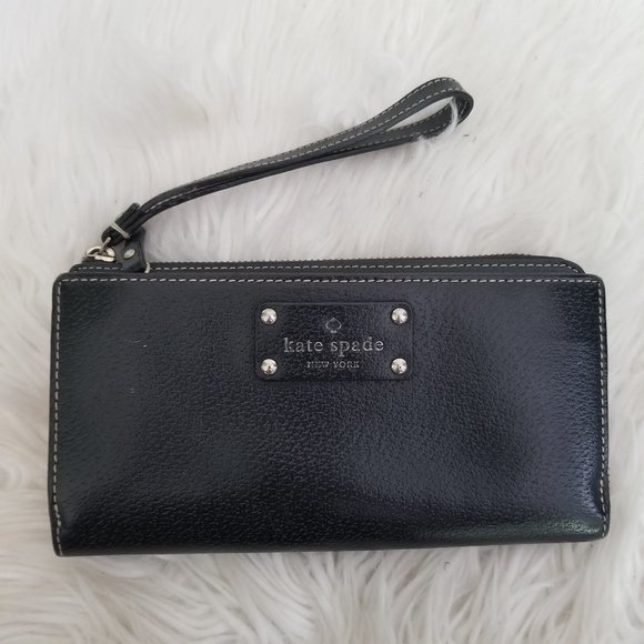 Kate Spade Large Wristlet Carryall Wallet Black Pebbled Leather Gold - Picture 2 of 13